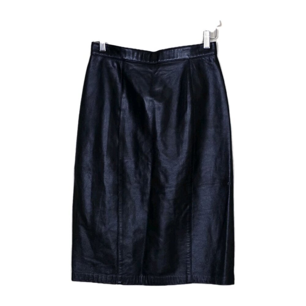 Liz Harbosin Black Leather Skirt 12 VTG Midi Lined Back Zip Slit Canada Bossy
